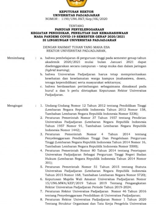 Surat Edaran Rektor Universitas Padjadjaran Tahun Akademik 2020/2021