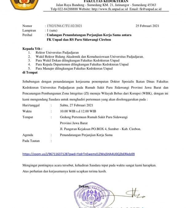 Undangan Penandatanganan Perjanjian Kerja Sama antara FK Unpad dan RS Paru Sidawangi Cirebon