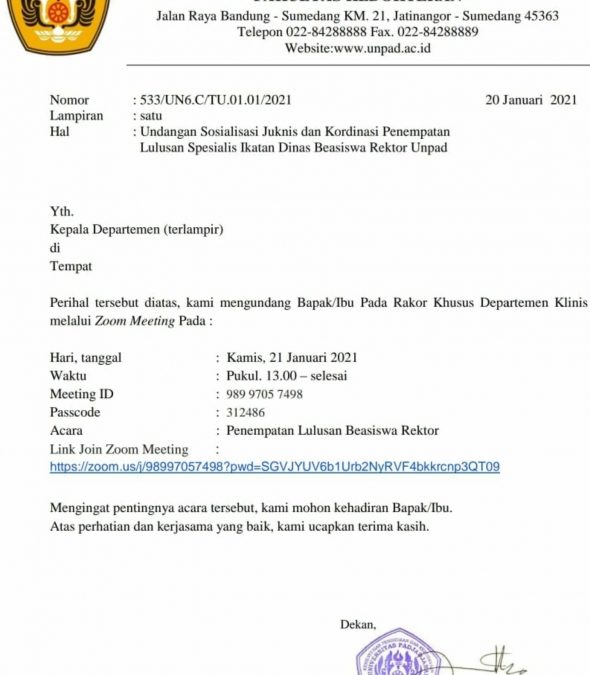 Undangan Sosialisasi Juknis dan Kordinasi Penempatan Lulusan Spesialis Ikatan Dinas Beasiswa Rektor Unpad