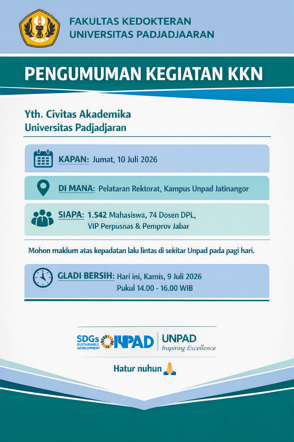 Infografis pemberangkatan mahasiswa KKN Universitas Padjadjaran Periode Juli 2026 yang dilaksanakan di Pelataran Rektorat Unpad-2
