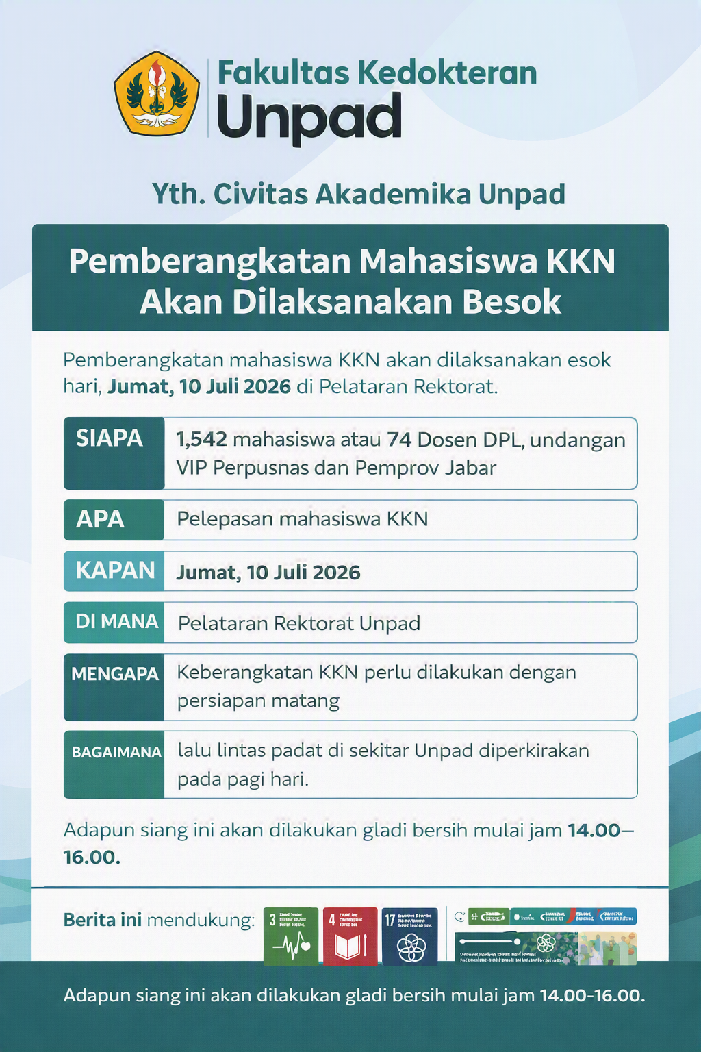 Infografis pemberangkatan mahasiswa KKN Universitas Padjadjaran Periode Juli 2026 yang dilaksanakan di Pelataran Rektorat Unpad Infografis pemberangkatan mahasiswa KKN Universitas Padjadjaran Periode Juli 2026 yang dilaksanakan di Pelataran Rektorat Unpad