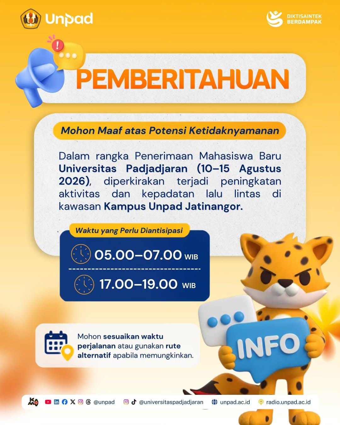 Imbauan antisipasi kepadatan lalu lintas Jatinangor saat Penerimaan Mahasiswa Baru Unpad 2026