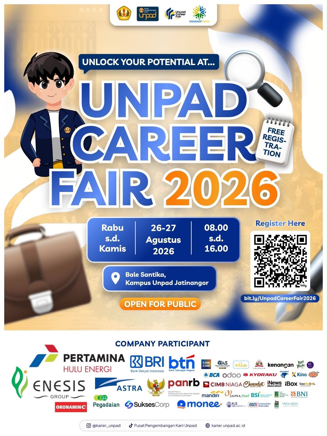 Poster Unpad Career Fair 2026 di Bale Santika Universitas Padjadjaran Jatinangor pada 26–27 Agustus 2026.