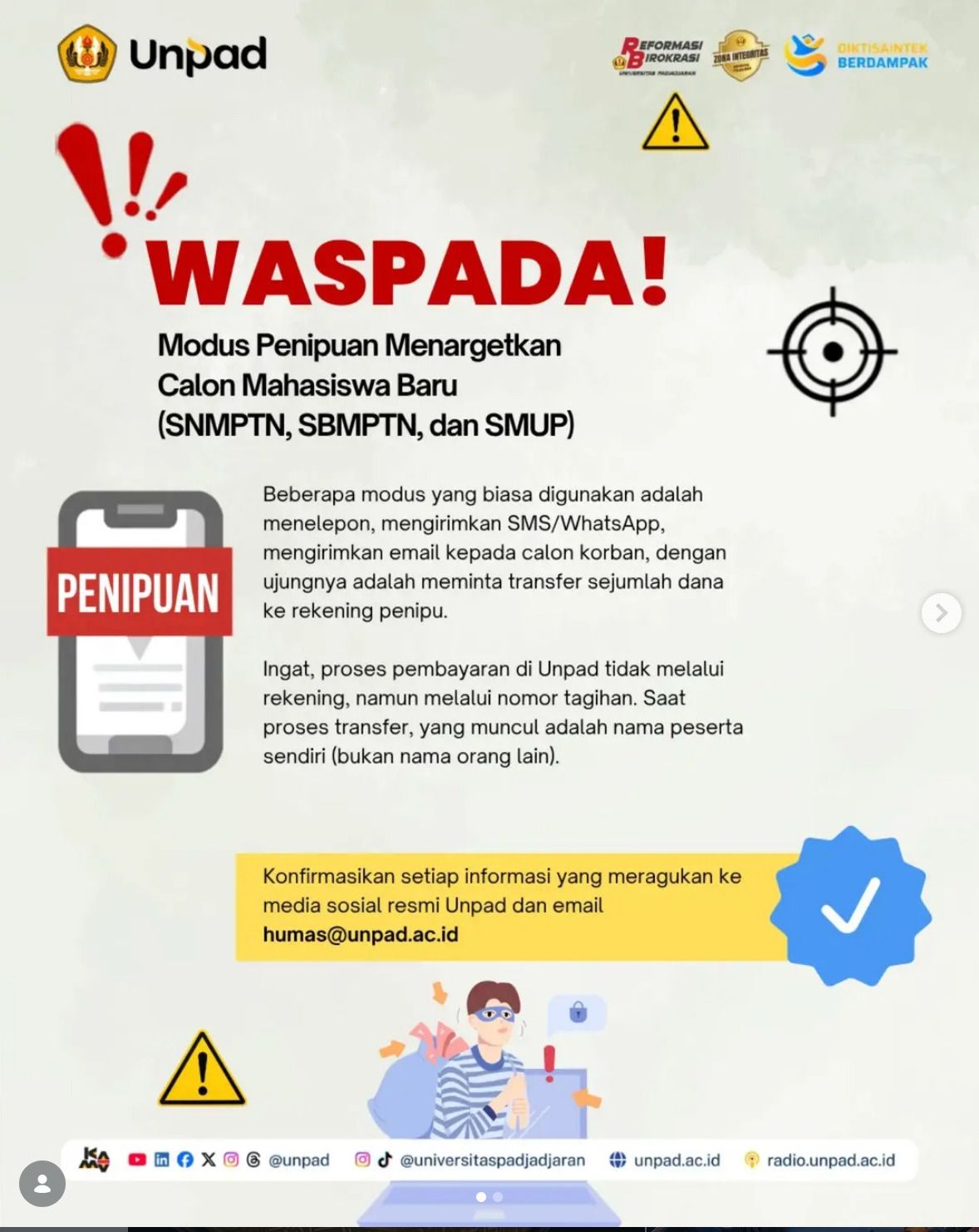 Waspada penipuan mengatasnamakan Unpad dan calon mahasiswa baru