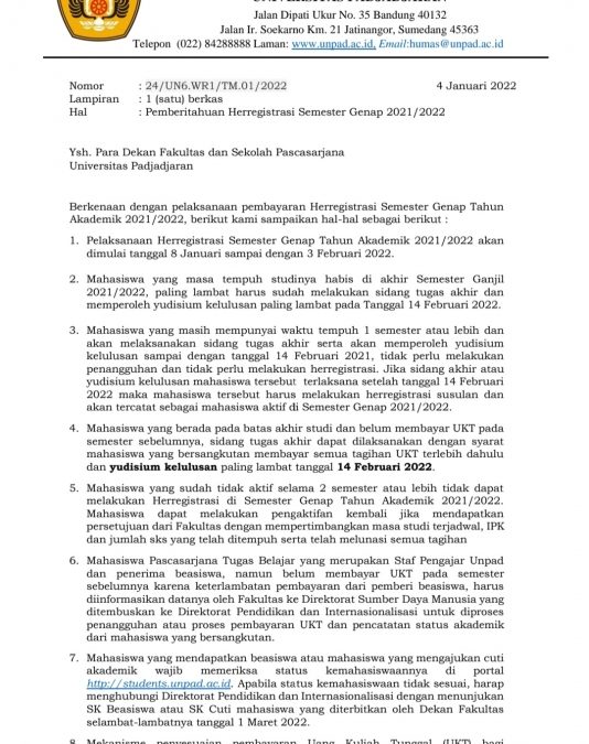 Pemberitahuan Herregistrasi Mahasiswa Universitas Padjadjaran Semester Genap Tahun Akademik 2021/2022
